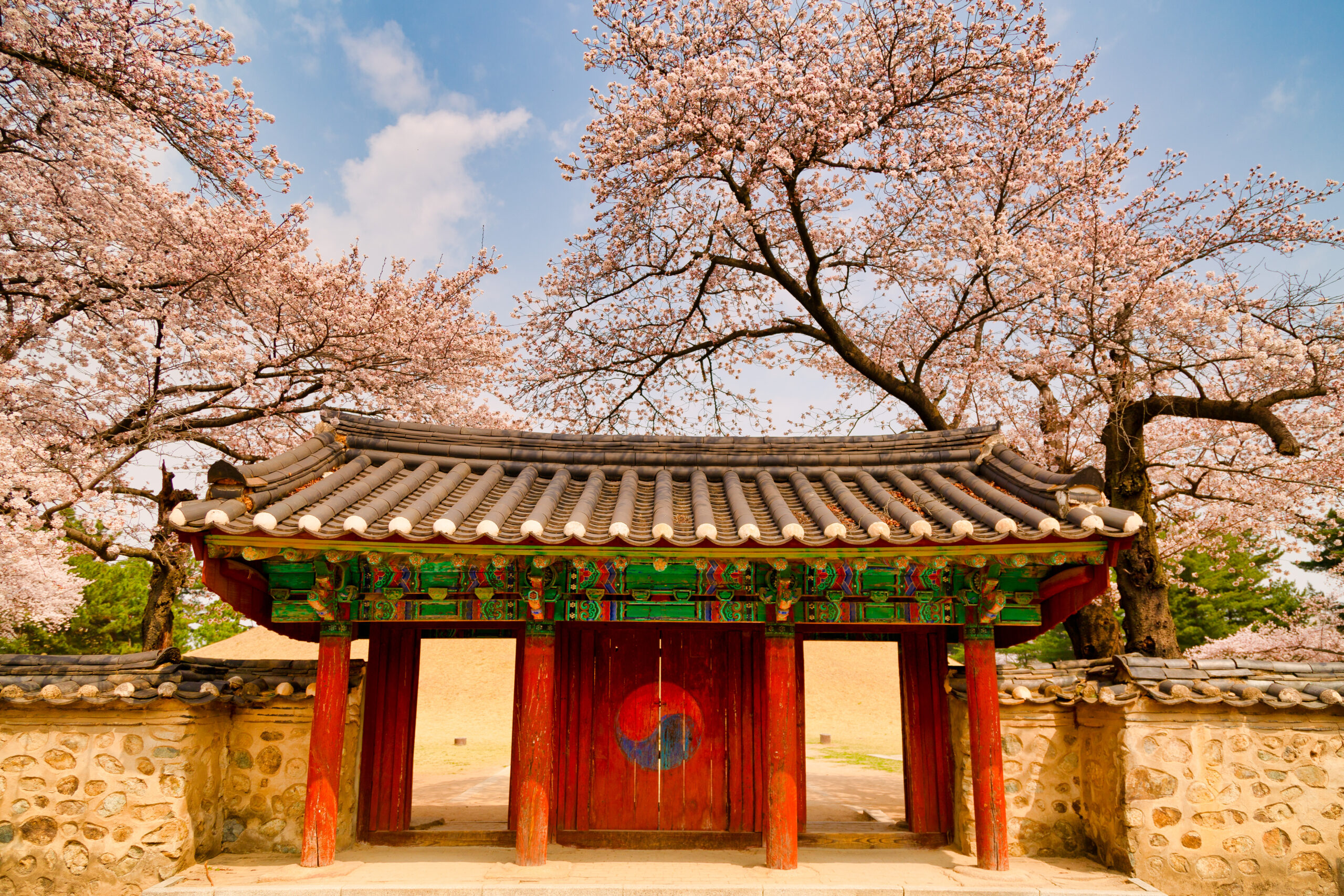 A gate in the Daereungwon Tomb Complex under the sunlight in Gyeongju, South Korea