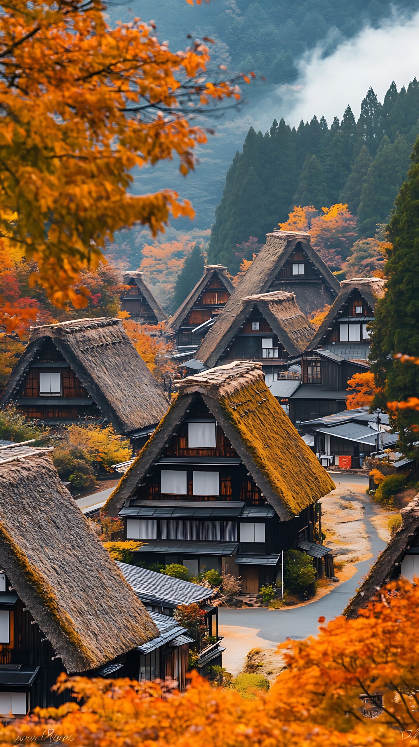 Traditional Japanese Houses in a Forested Village with Autumn Colors